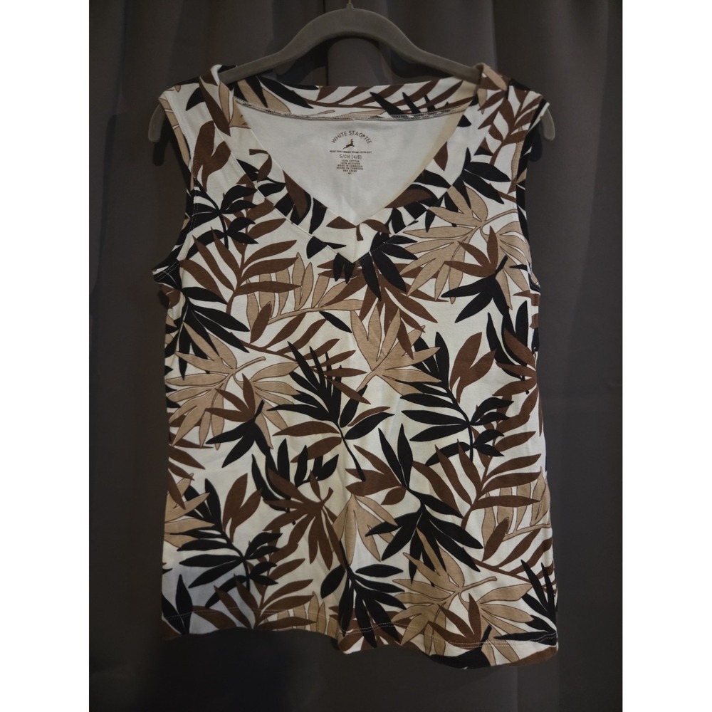 White Stag Tee Tank Top S 4/6 White Brown Palm Leaf Tropical V-Neck Cotton 3782